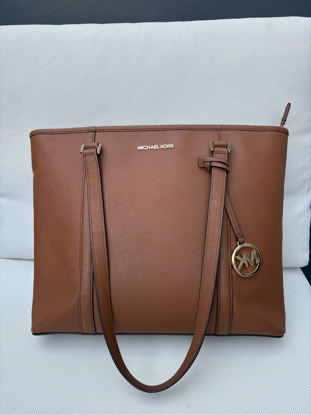 Michael Kors Chestnut Saffiano Tote with Gold Logo Charm - Picture 2 of 13